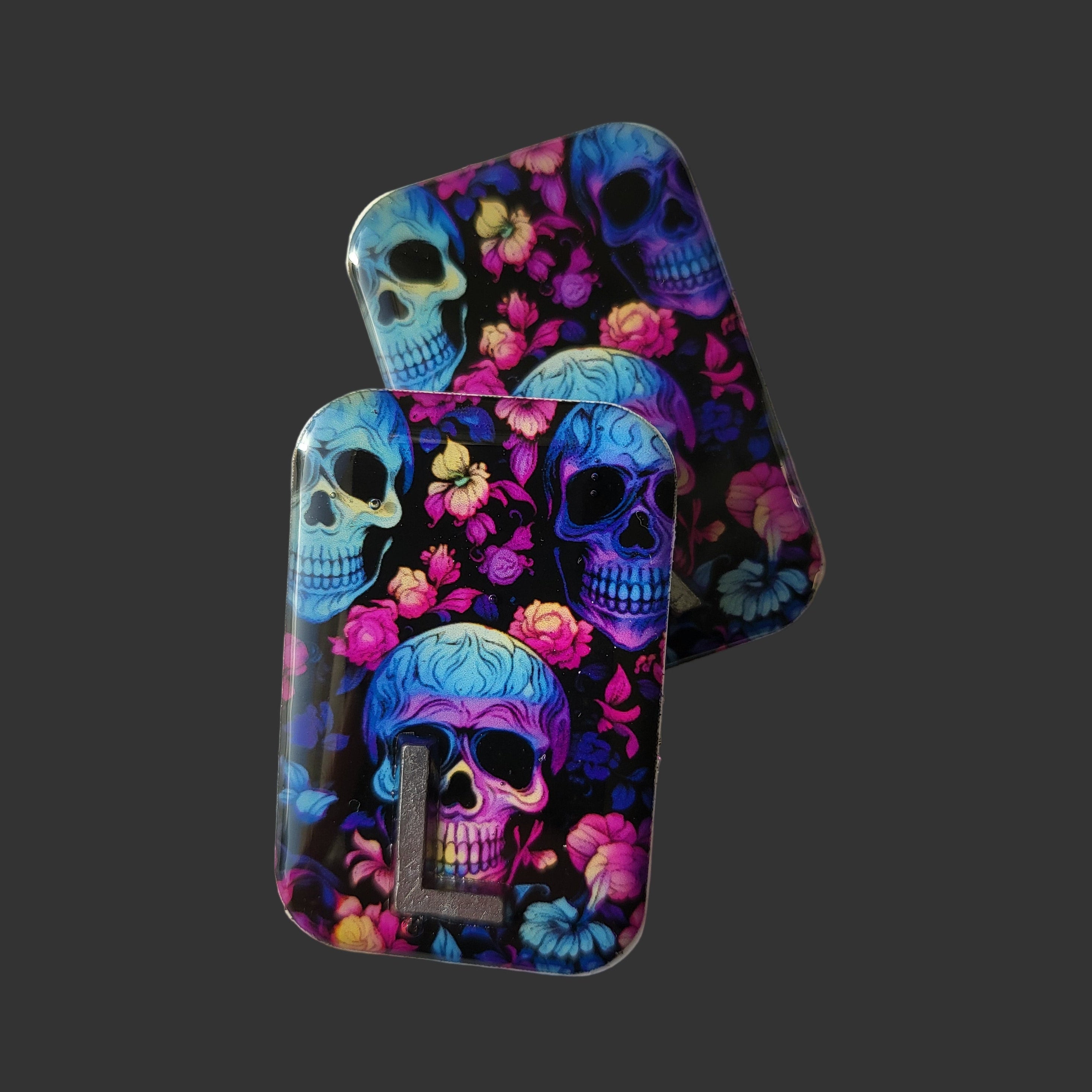 Premium resin skull X-ray markers for radiographers and X-ray techs — 1x1.5 inch blue, purple, and pink skull design, durable and non-yellowing, easy to clean and infection-control friendly.