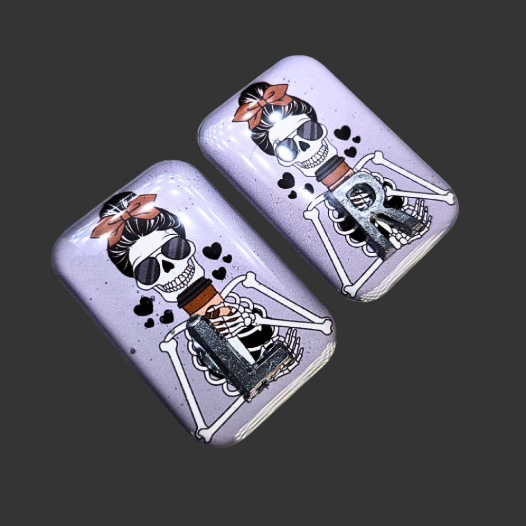Handmade premium X-ray marker set with a skeleton drinking coffee design, customisable with up to three initials or numbers.