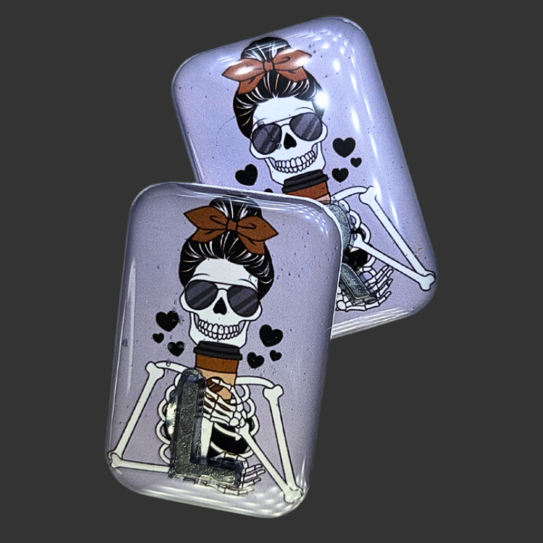 Handmade premium X-ray marker set with a skeleton drinking coffee design, customisable with up to three initials or numbers.