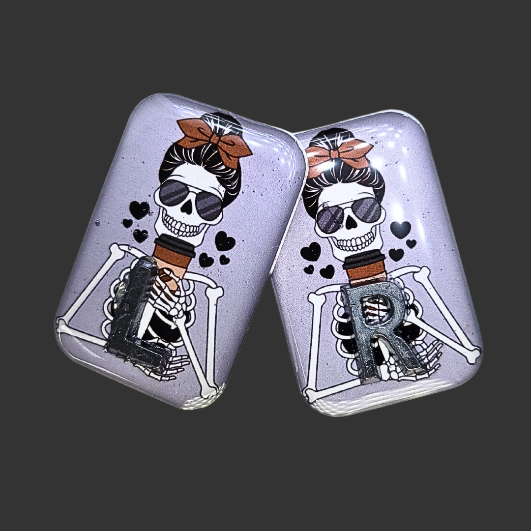 Handmade premium X-ray marker set with a skeleton drinking coffee design, customisable with up to three initials or numbers.