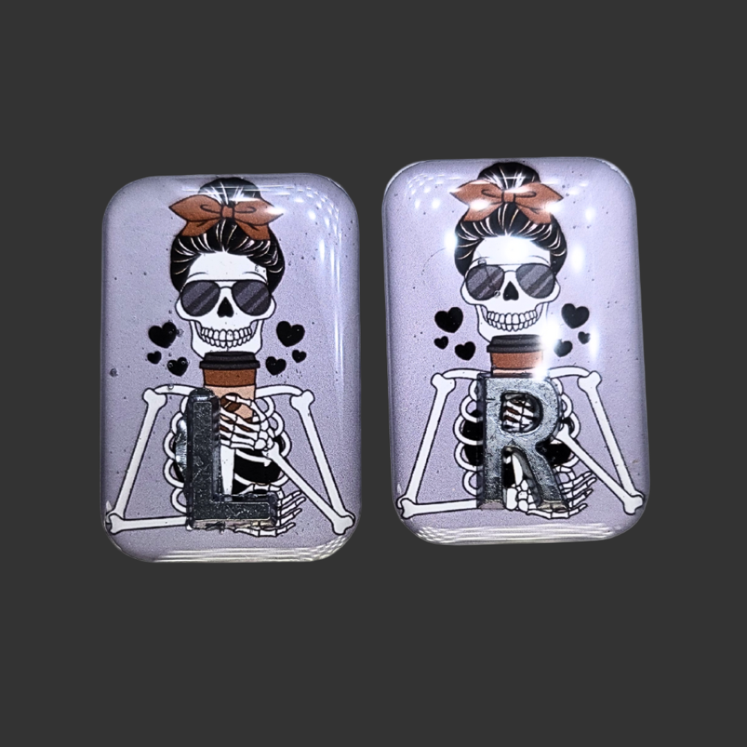 Handmade premium X-ray marker set with a skeleton drinking coffee design, customisable with up to three initials or numbers.