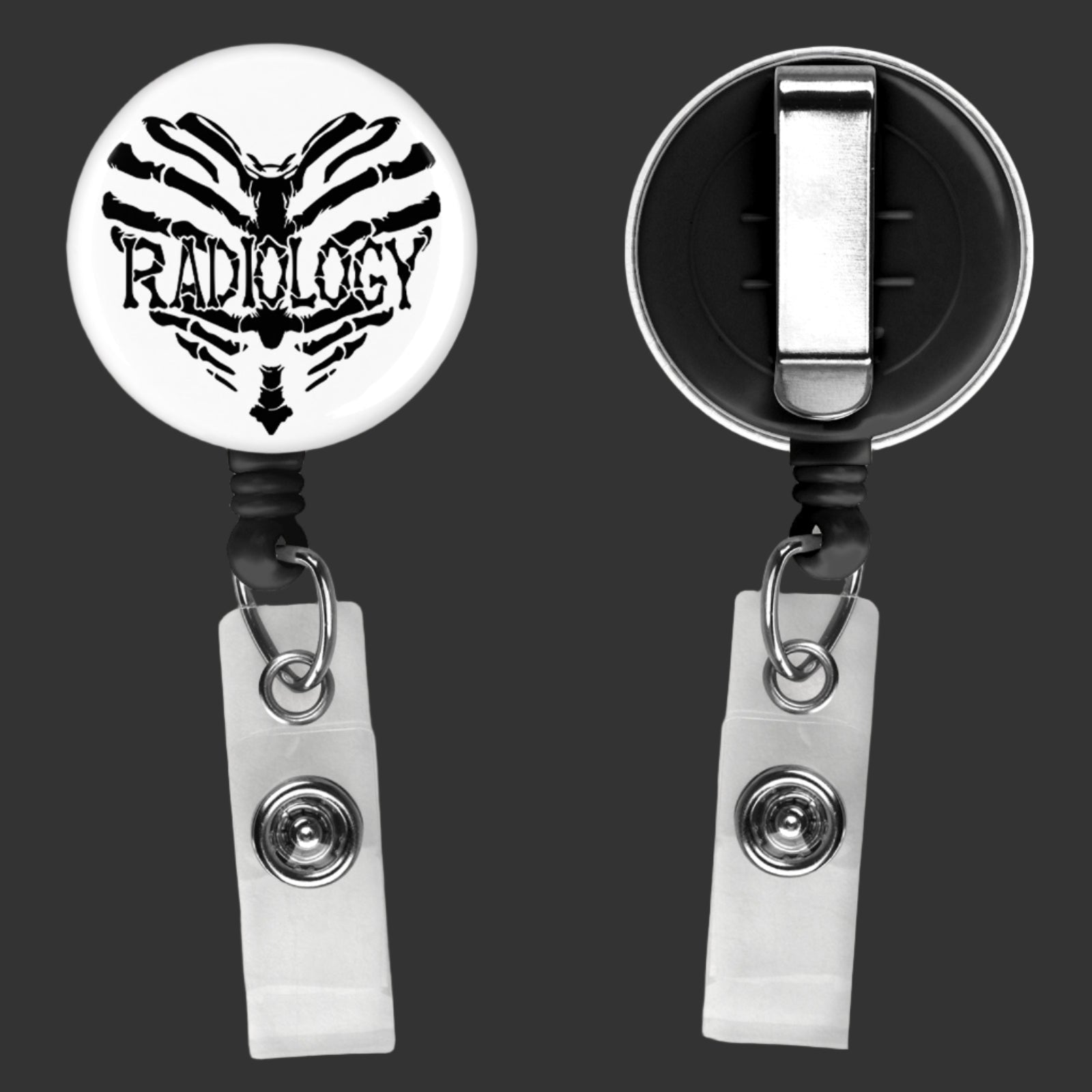 badge reel with clip, saying radiology across the front with a love heart made out of bones