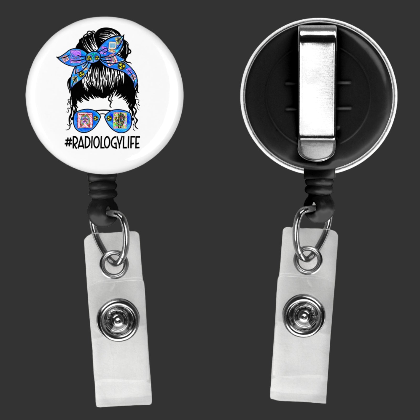 badge reel with clip, saying radiology life across the front with a girl with a messy bun and glasses