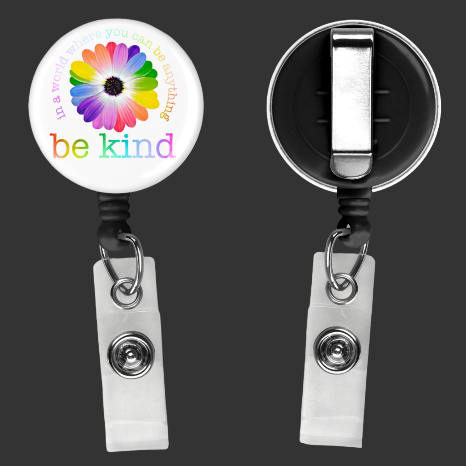 badge reel with clip - be kind in colourful colours with a flower