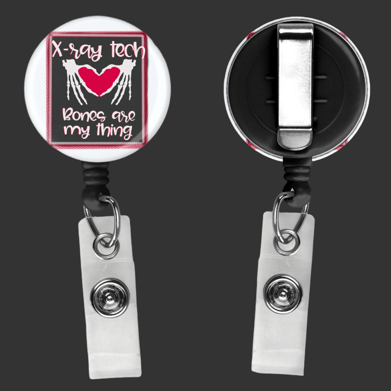 badge reel with bones are my thing written across the front