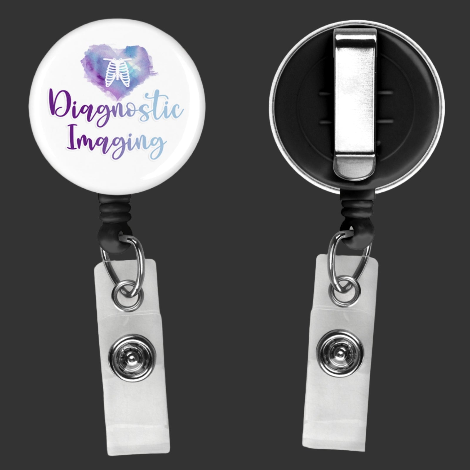 badge reel with clip, with diagnostic imaging written on the front in purple and blue