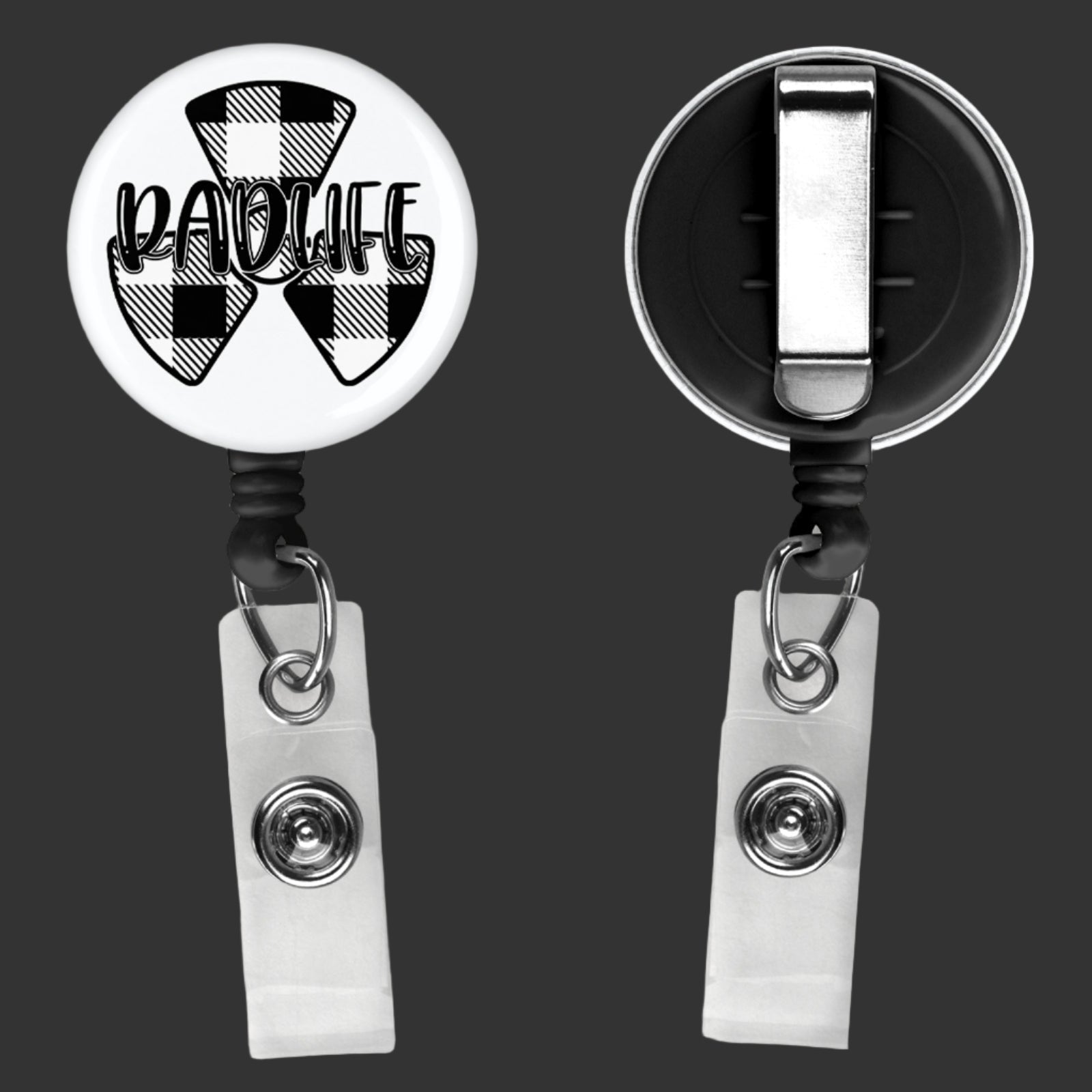 badge reel with clip, saying rad life across the front with a radiation symbol