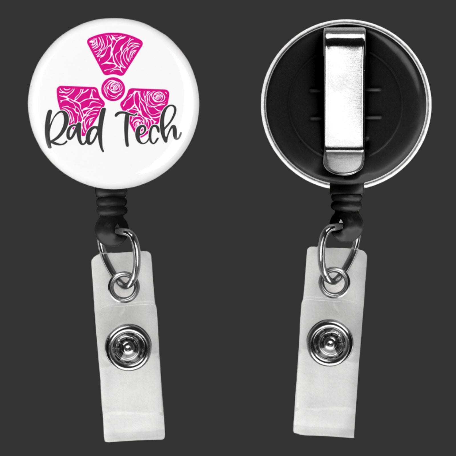 badge reel with clip saying rad tech across the front with a pink radiation symbol