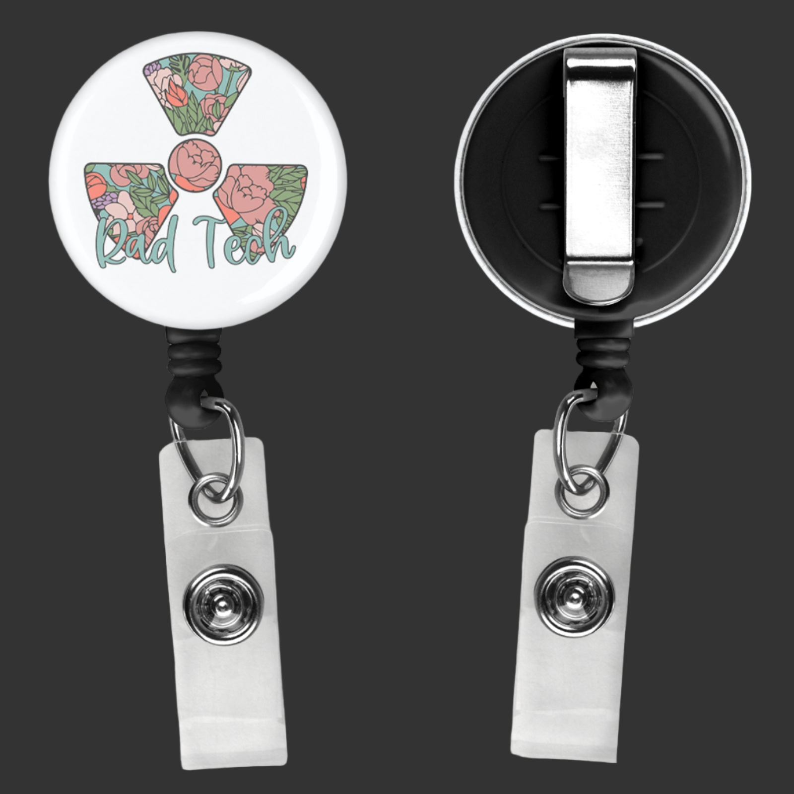 badge reel with rad tech written on the front with a radiation symbol