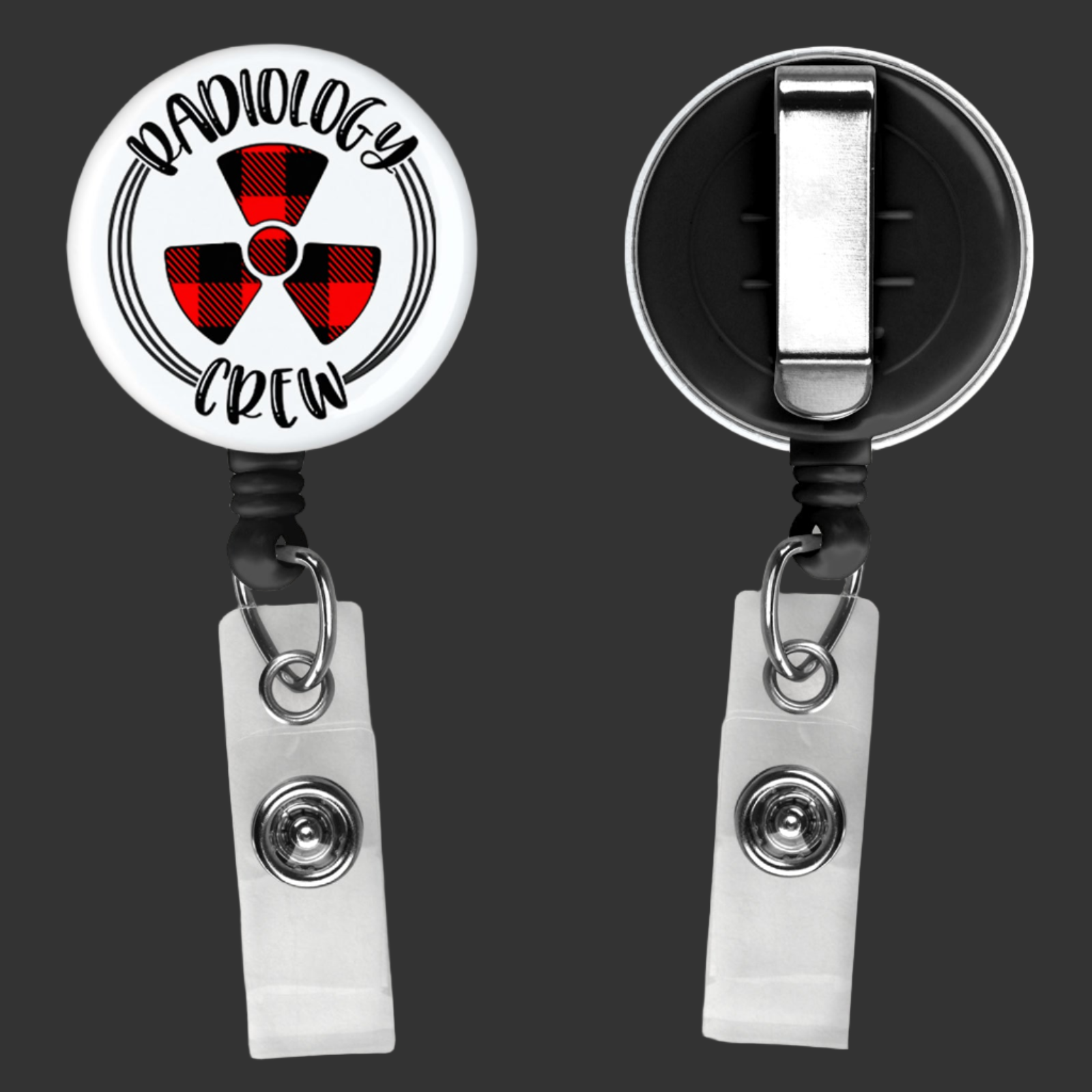 badge reel with clip saying radiology crew with a red radiation symbol in the middle