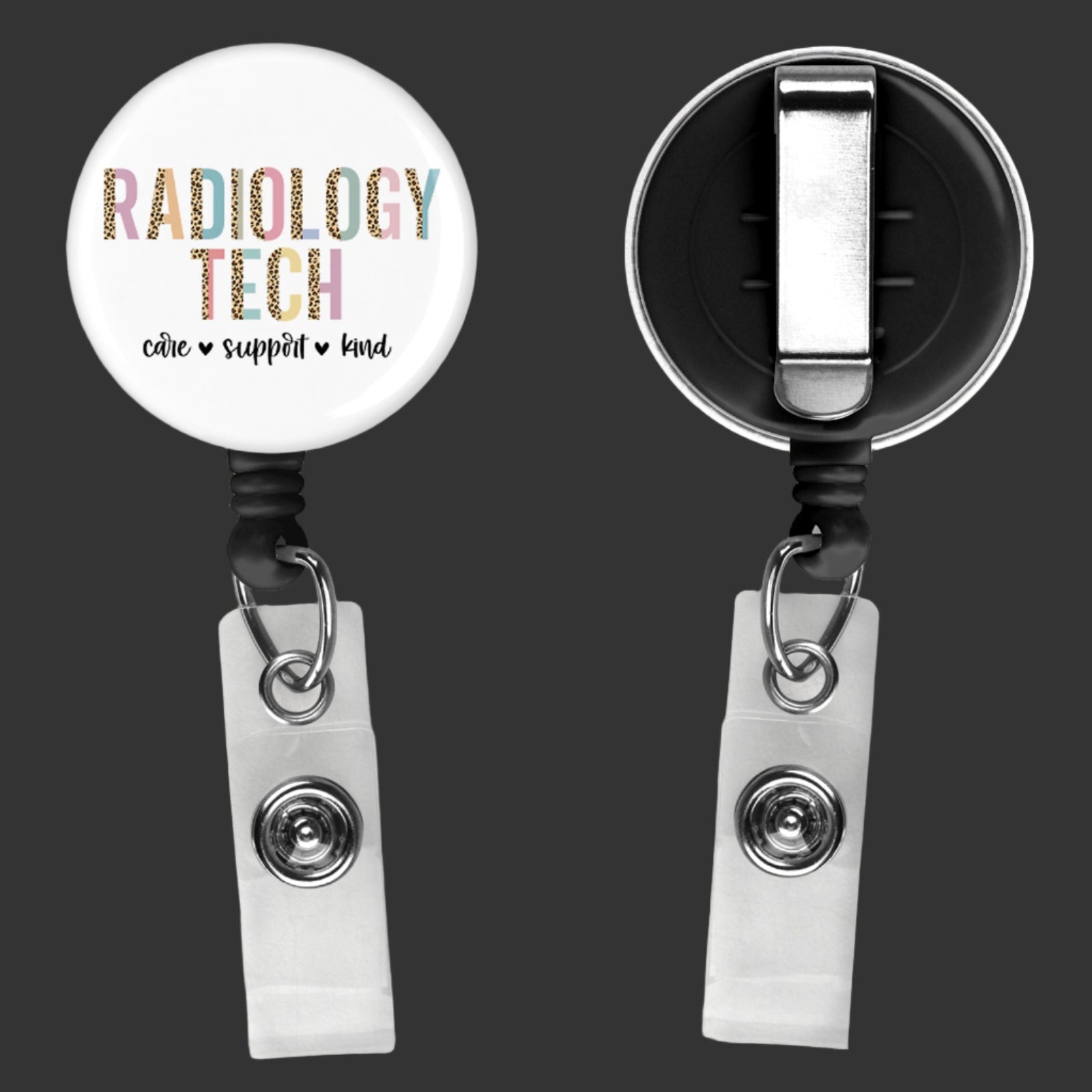 badge reel that says radiology tech across the front has a clip too