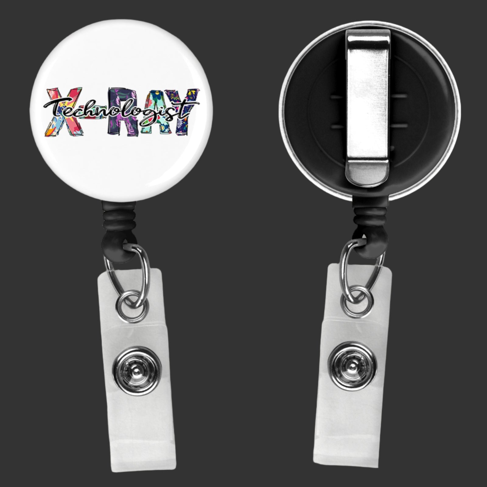badge reel with x ray technologist written across the front