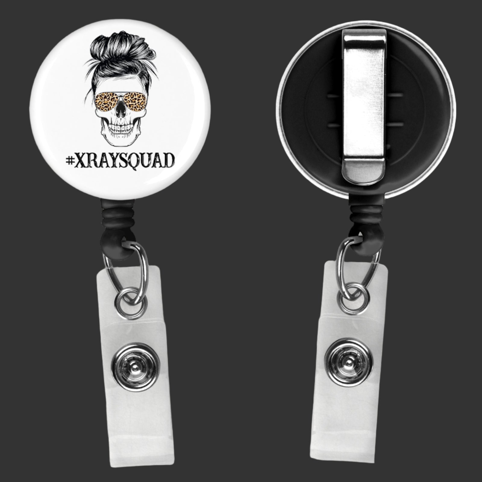 badge reel with clip saying #xray squad across the middle with a skull on the front