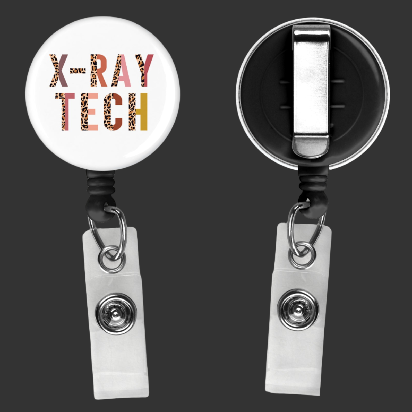 badge reel that says x ray tech across the front of it