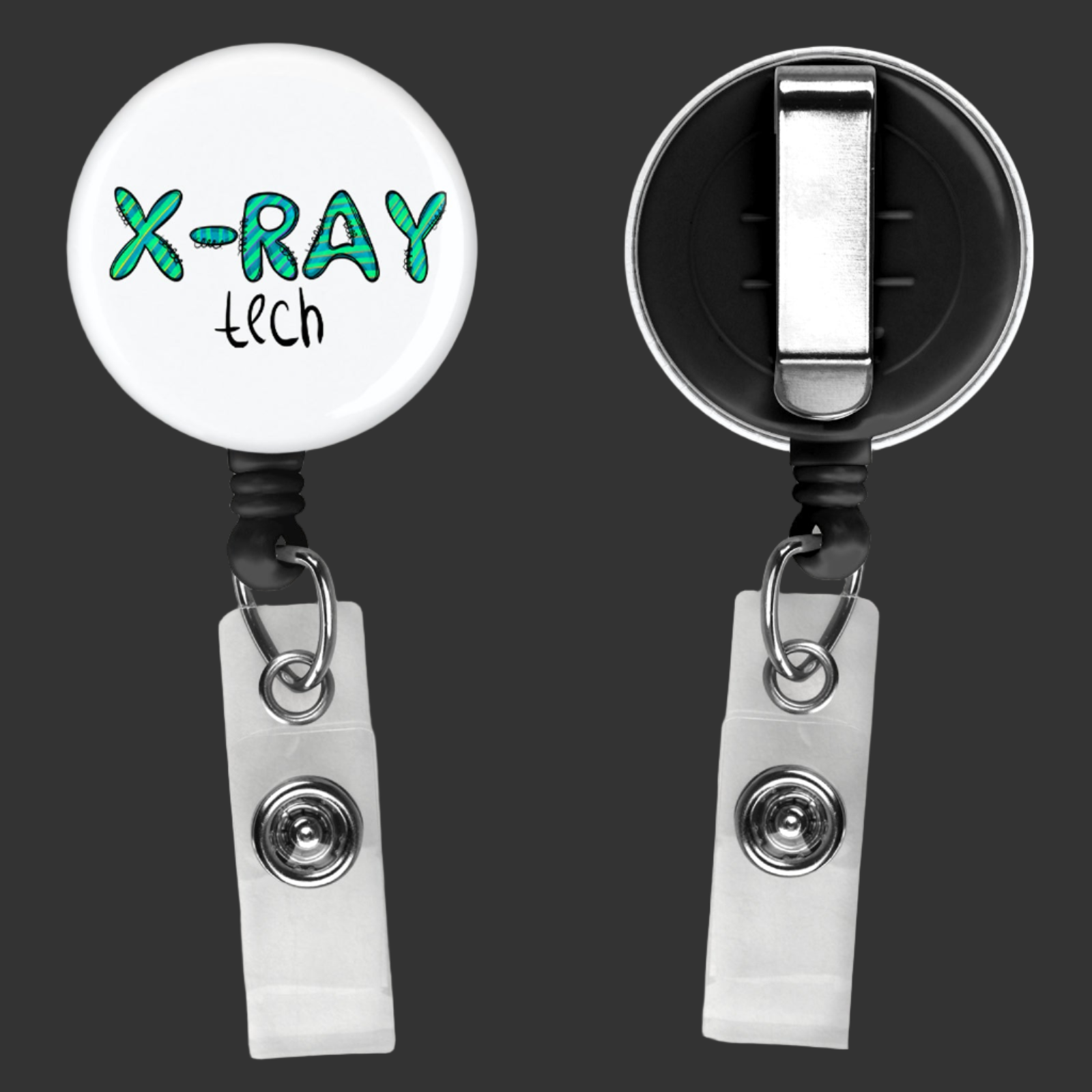badge reel with x ray tech written across the front in green