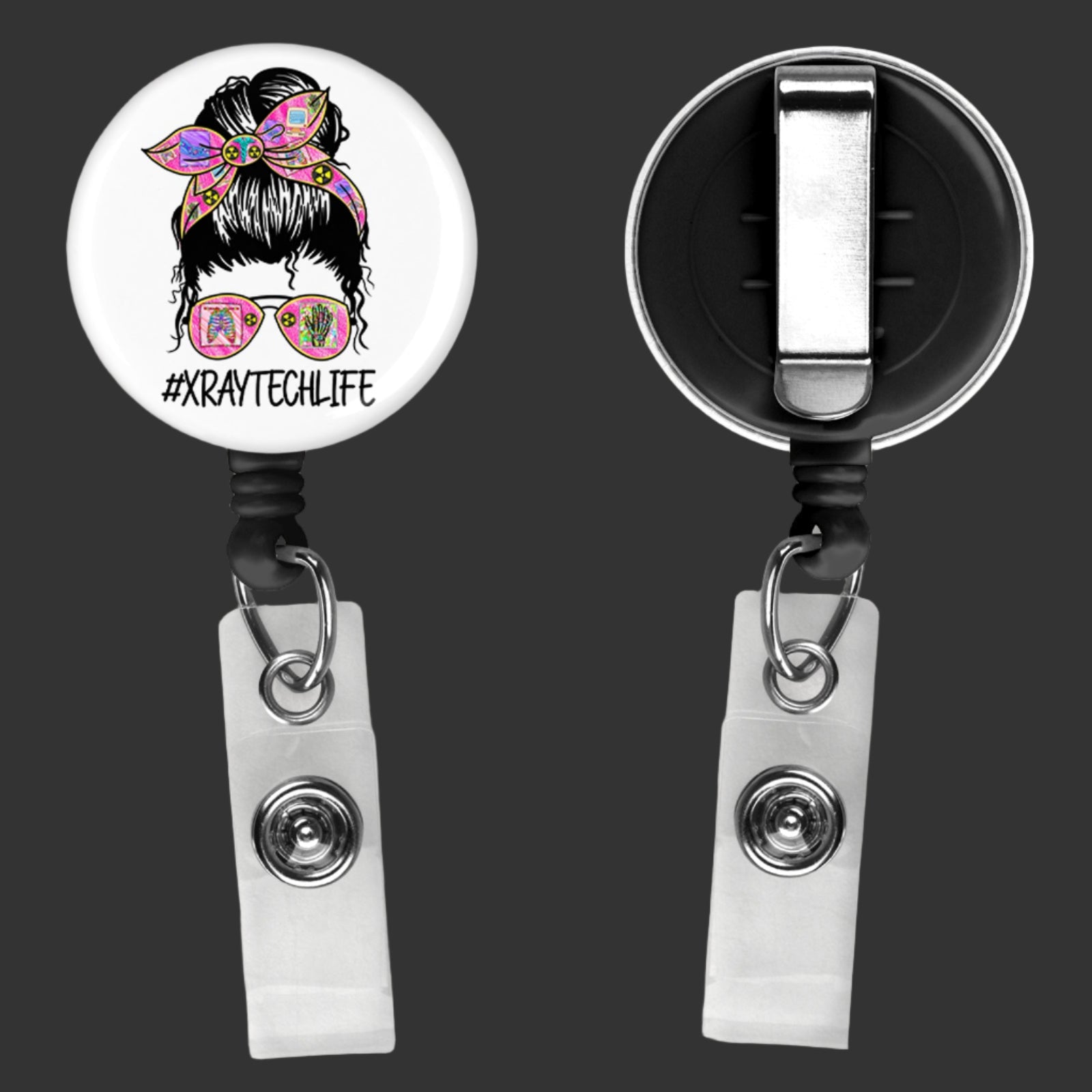 badge reel with x ray tech life written across the front with a girl with a messy bun and glasses
