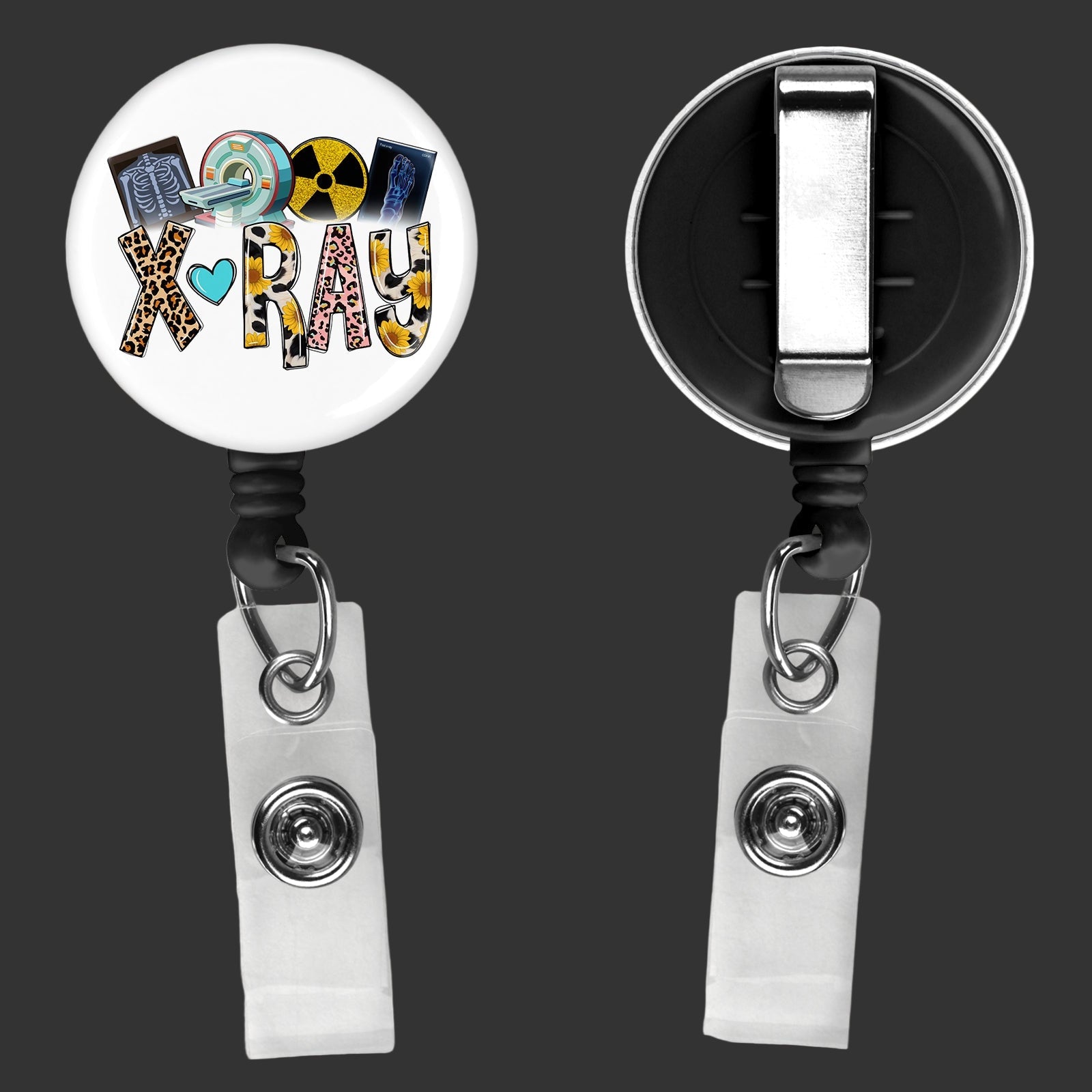 Radiographer badge reel with retractable clip displayed on a plain background.