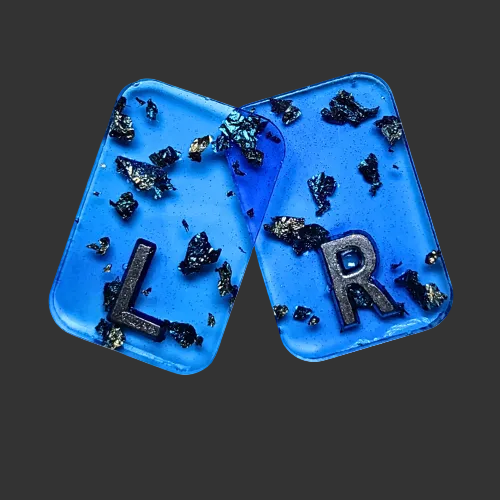 Blue x ray markers various colours available pink / peach and purple, orange x ray markers with gold leaf foil inside, for radiographers and x ray techs, made by x ray vision uk