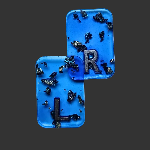 Blue x ray markers various colours available pink / peach and purple, orange x ray markers with gold leaf foil inside, for radiographers and x ray techs, made by x ray vision uk