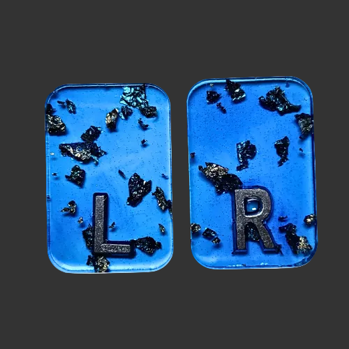 Blue x ray markers various colours available pink / peach and purple, orange x ray markers with gold leaf foil inside, for radiographers and x ray techs, made by x ray vision uk