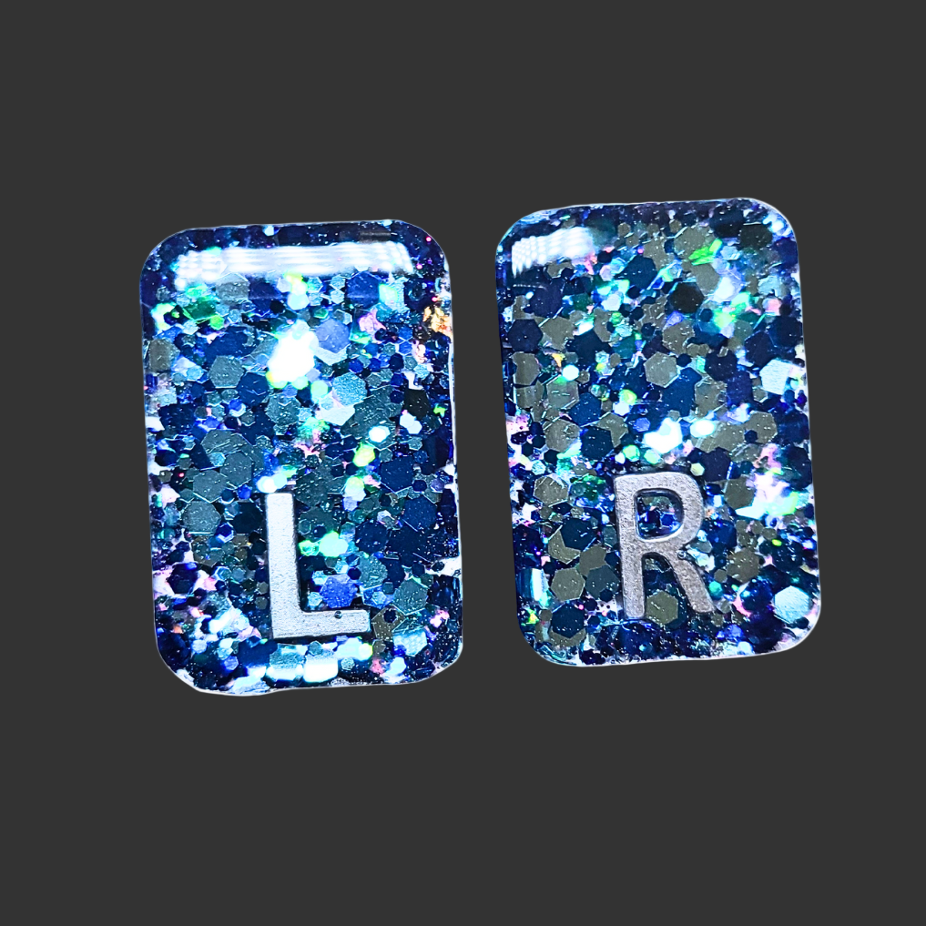 blue chunky glitter X-ray markers with custom initials option. for radiographers and x ray techs made by x ray vision uk