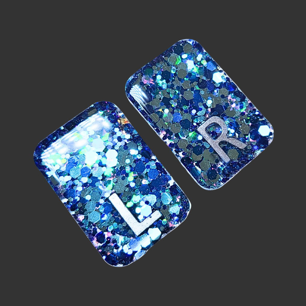 blue chunky glitter X-ray markers with custom initials option. for radiographers and x ray techs made by x ray vision uk
