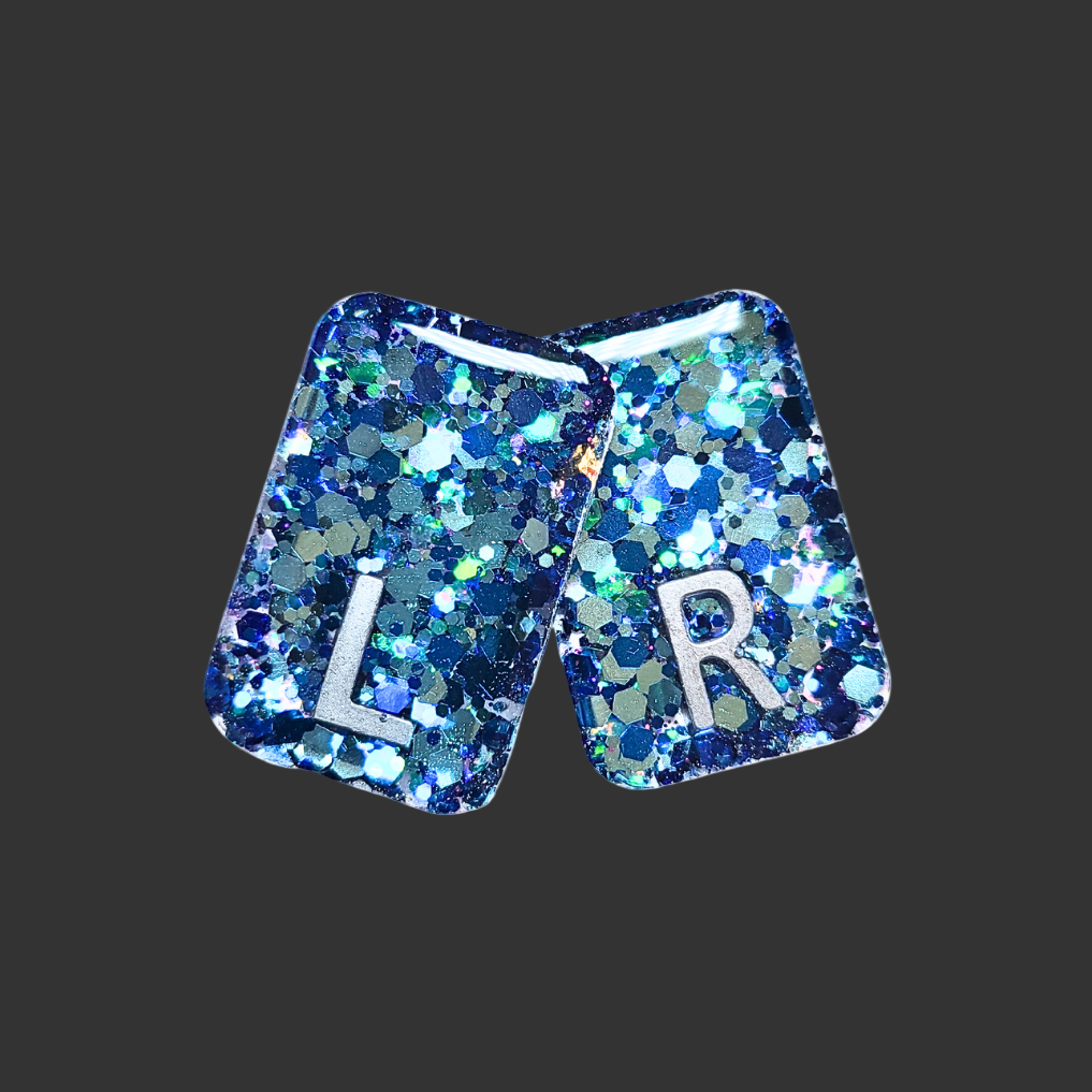 blue chunky glitter X-ray markers with custom initials option. for radiographers and x ray techs made by x ray vision uk