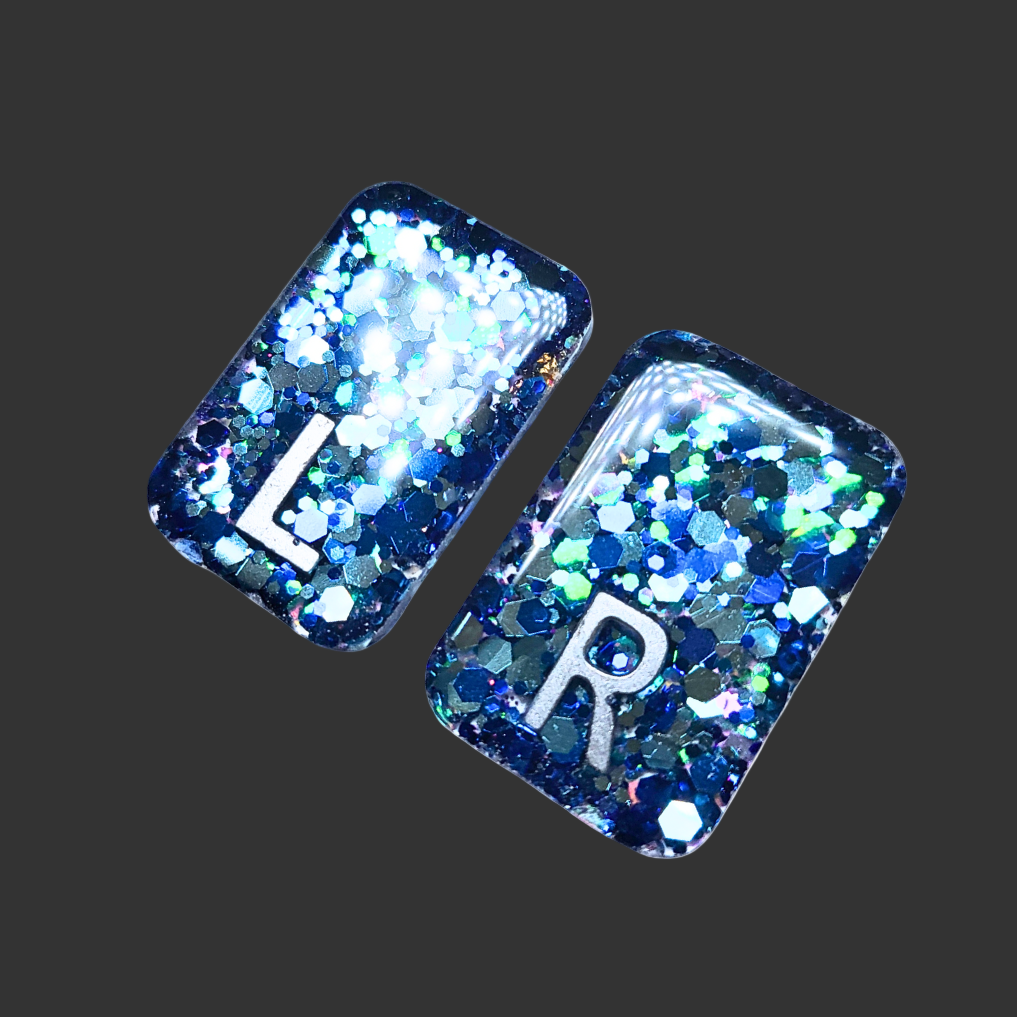 blue chunky glitter X-ray markers with custom initials option. for radiographers and x ray techs made by x ray vision uk
