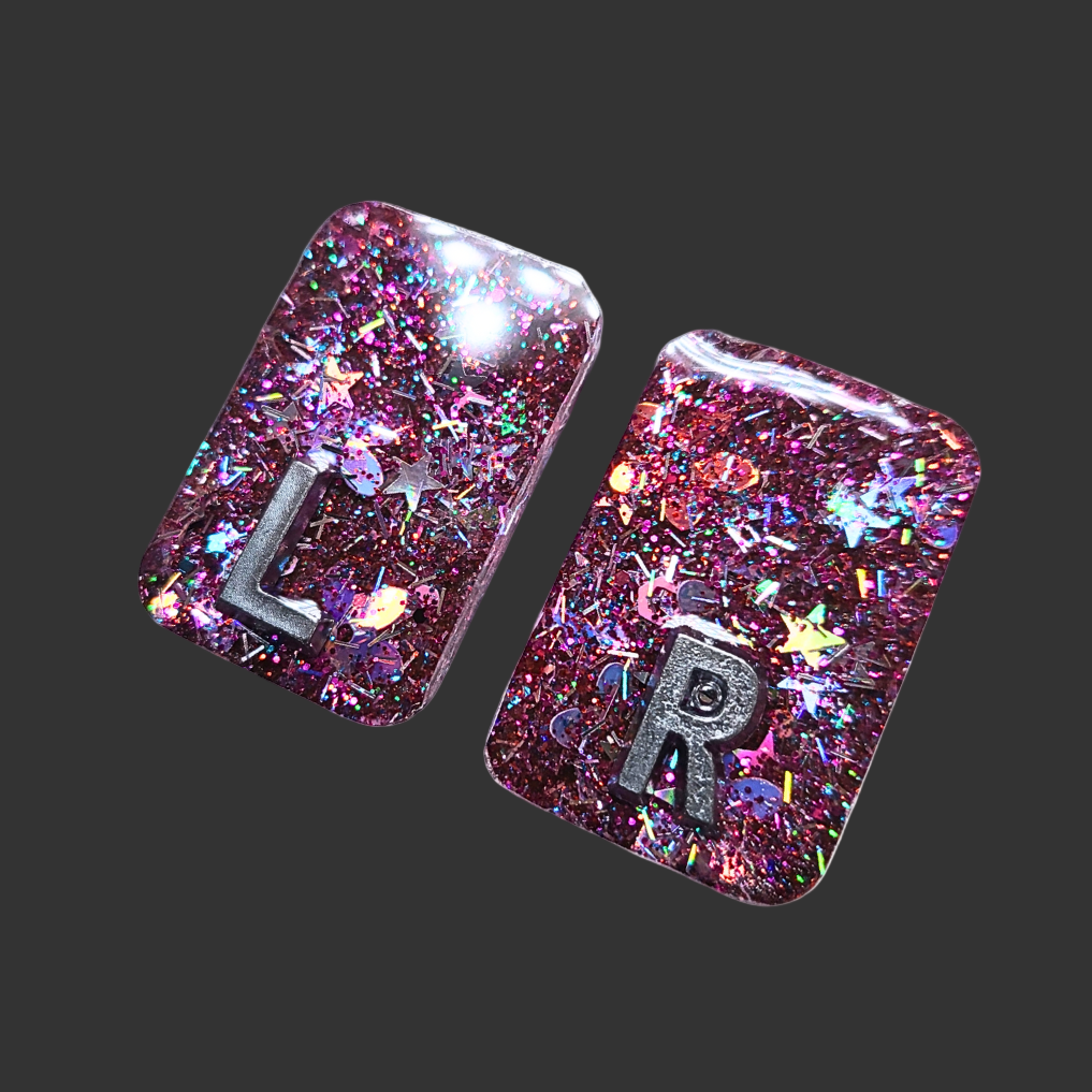 Pink, purple and hunky glitter X-ray markers with custom initials option. for radiographers and x ray techs handmade by x ray vision uk