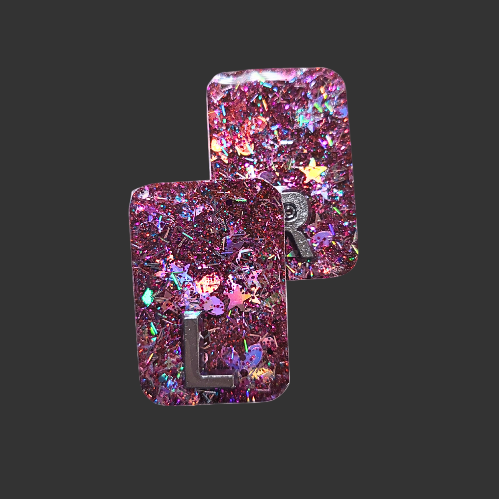 Pink, purple and hunky glitter X-ray markers with custom initials option. for radiographers and x ray techs handmade by x ray vision uk
