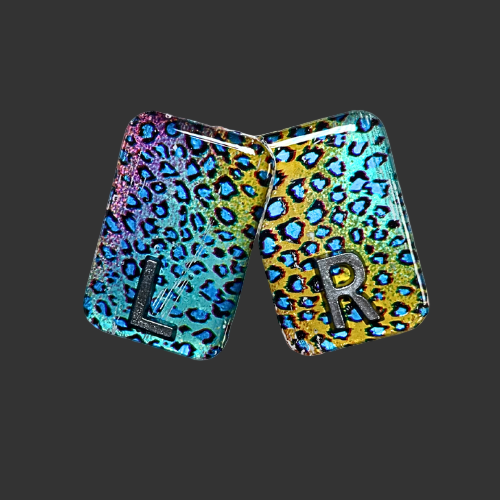 x ray markerks in a colourful leopard print design handmade by x ray vision uk for radiographers and x ray techs
