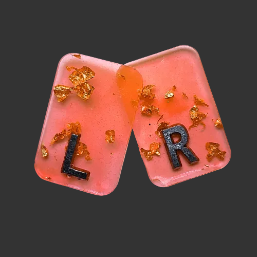 Orange x ray markers various colours available pink / peach and purple, orange x ray markers with gold leaf foil inside, for radiographers and x ray techs, made by x ray vision uk