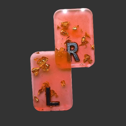 Orange x ray markers various colours available pink / peach and purple, orange x ray markers with gold leaf foil inside, for radiographers and x ray techs, made by x ray vision uk