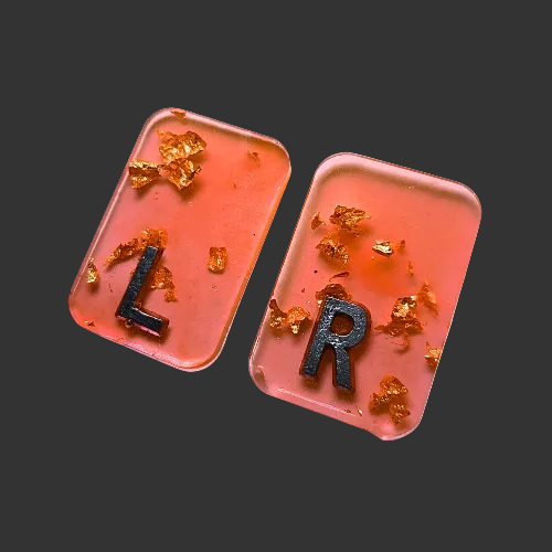Orange x ray markers various colours available pink / peach and purple, orange x ray markers with gold leaf foil inside, for radiographers and x ray techs, made by x ray vision uk