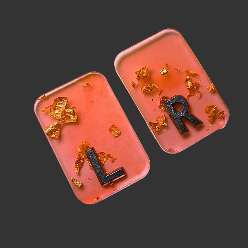 Orange x ray markers various colours available pink / peach and purple, orange x ray markers with gold leaf foil inside, for radiographers and x ray techs, made by x ray vision uk