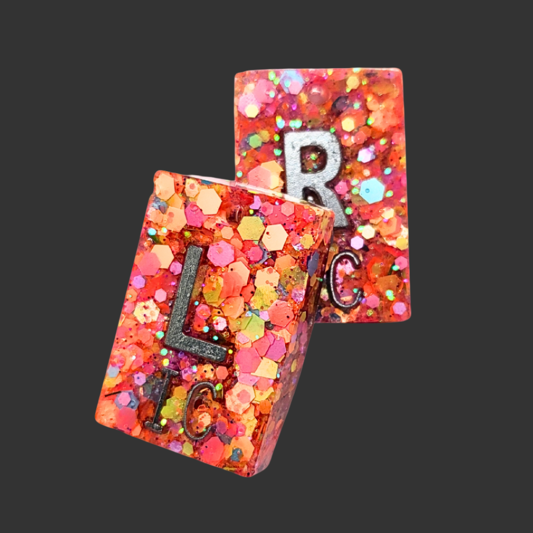 Orange polka glitter X-ray marker set with chain and personalisable initials or numbers.