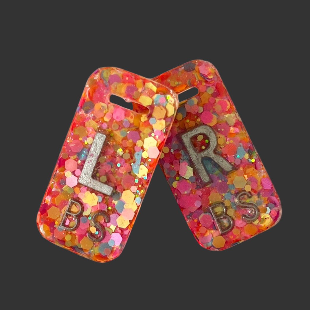 Orange polka glitter X-ray marker set with chain and personalisable initials or numbers