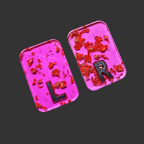 peachy pink x ray markers various colours available pink / peach and purple, orange x ray markers with gold leaf foil inside, for radiographers and x ray techs, made by x ray vision uk