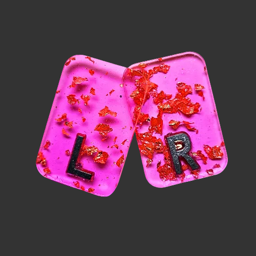 peachy pink x ray markers various colours available pink / peach and purple, orange x ray markers with gold leaf foil inside, for radiographers and x ray techs, made by x ray vision uk