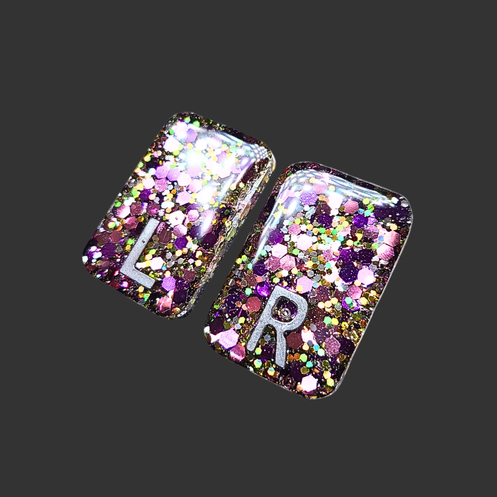 Pink, purple and gold chunky glitter X-ray markers with custom initials option. for radiographers and x ray techs