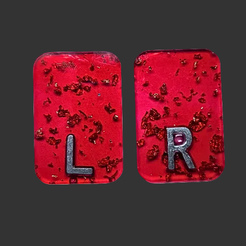 Red x ray markers various colours available pink / peach and purple, orange x ray markers with gold leaf foil inside, for radiographers and x ray techs, made by x ray vision uk