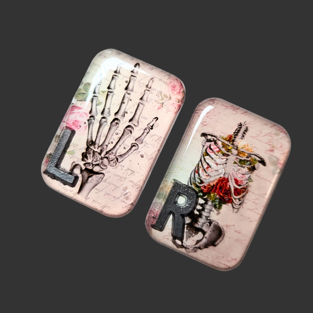 Acrylic X-ray markers with hand anatomy, abdomen, and pelvis illustrations, personalised for radiographers