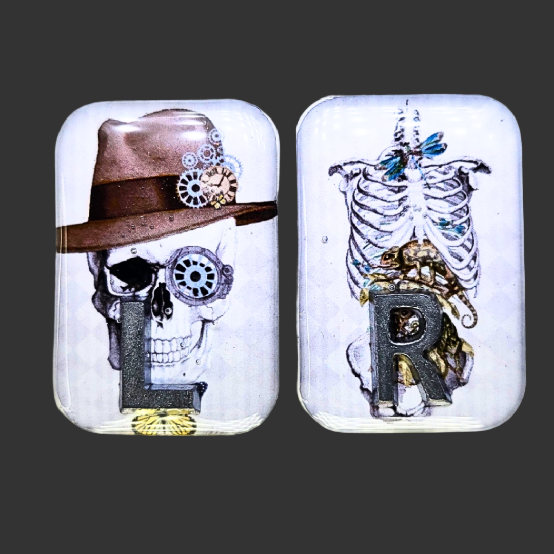 Handmade X-ray markers featuring a skull with hat left marker and thorax/pelvis anatomy right marker, personalised with initials