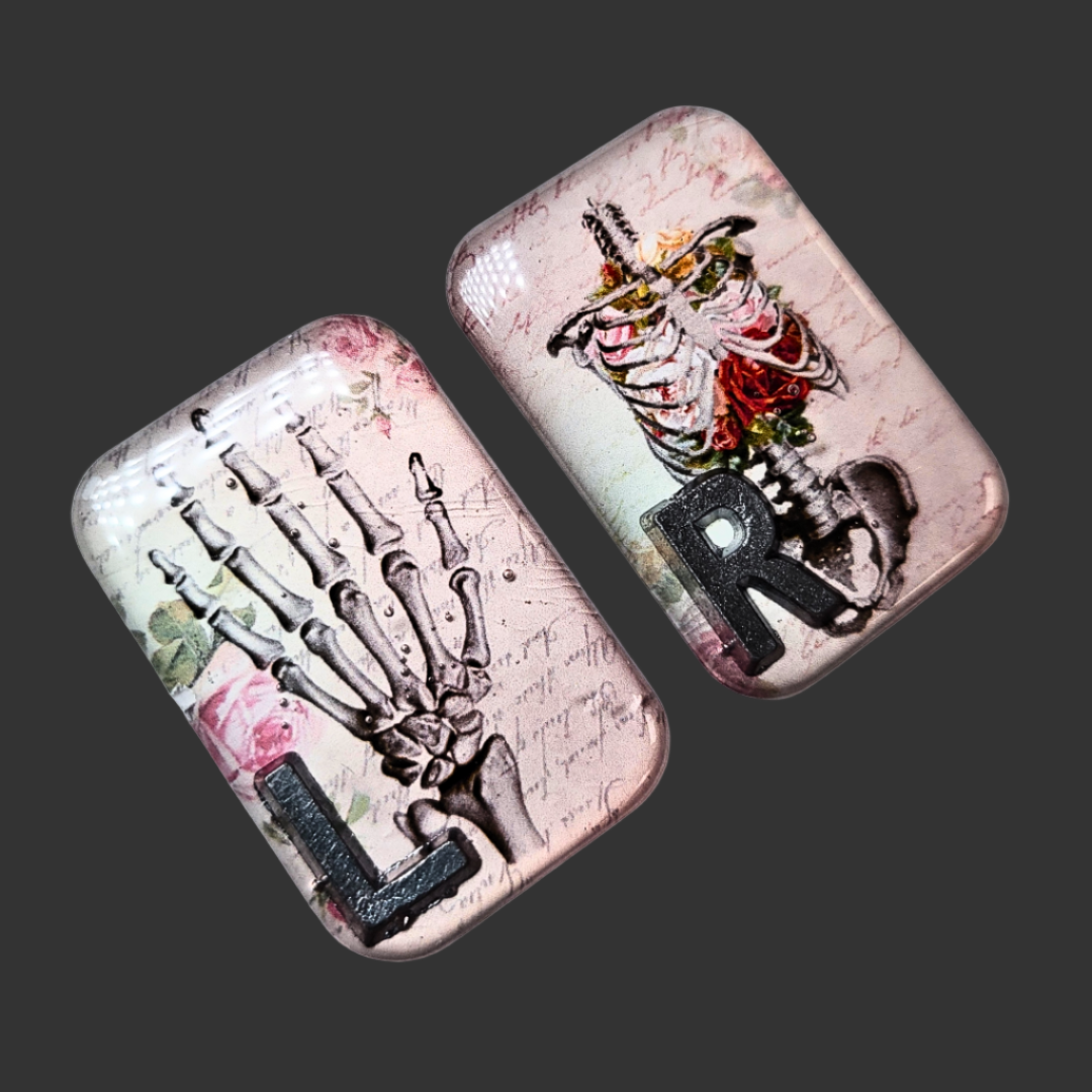 Acrylic X-ray markers with hand anatomy, abdomen, and pelvis illustrations, personalised for radiographers