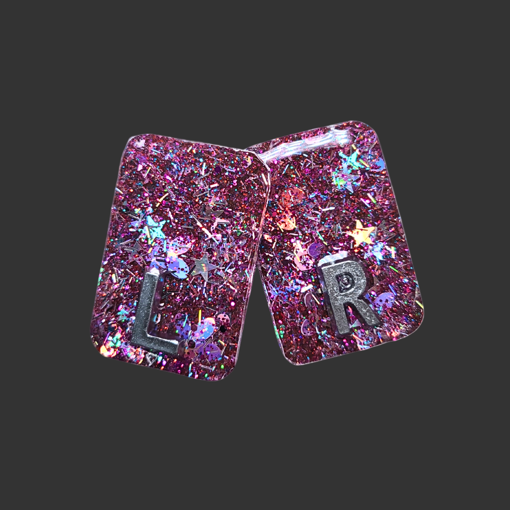 Pink, purple and hunky glitter X-ray markers with custom initials option. for radiographers and x ray techs handmade by x ray vision uk