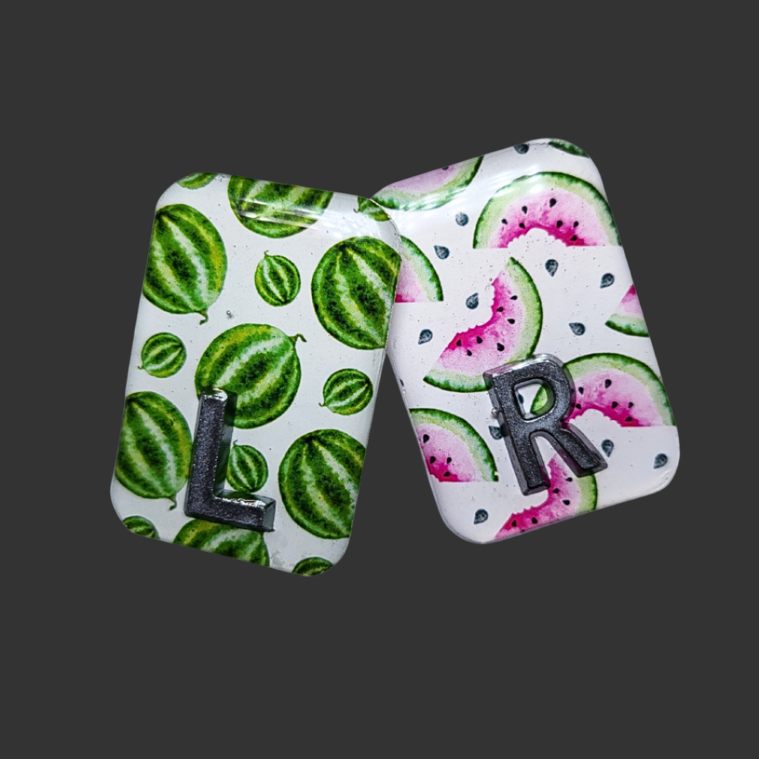 Watermelon-themed X-ray markers with custom initials or numbers