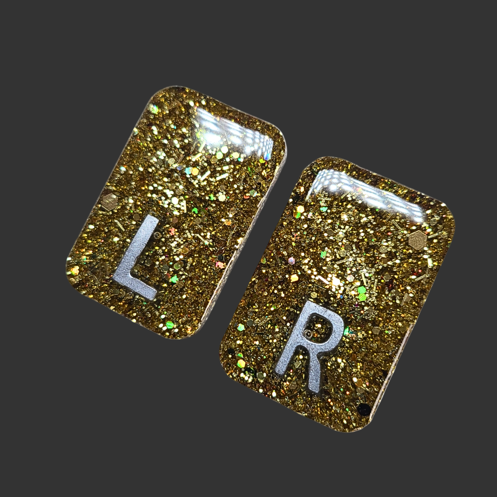 gold chunky glitter X-ray markers with custom initials option. x ray markers for radiographers and x ray techs