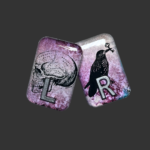 x ray markers in a purple skull and crow design, handmade by x ray vision uk for radiographers and x ray techs