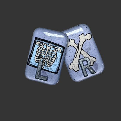 x ray markers for radiographers and x ray techs - desing is grey with a thorax and bone design handmade by x ray vision uk