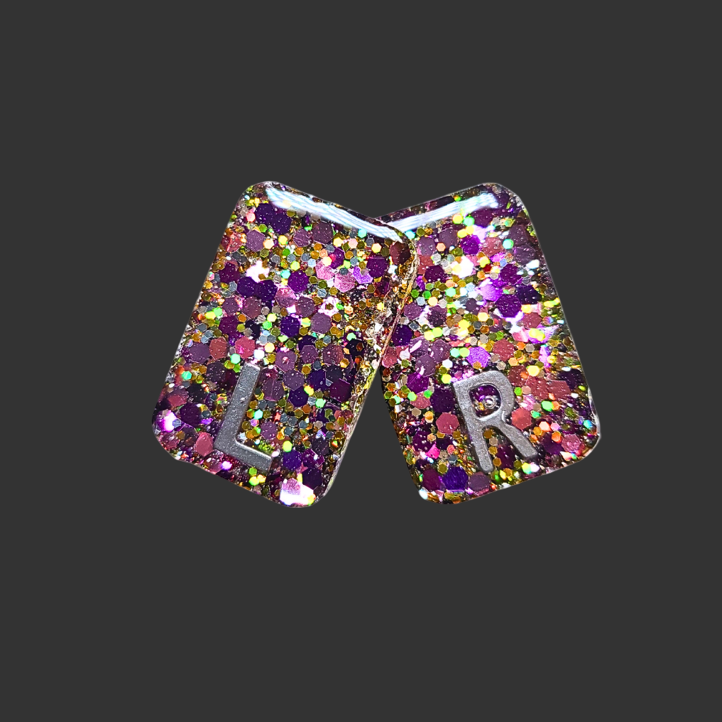 Pink, purple and gold chunky glitter X-ray markers with custom initials option. for radiographers and x ray techs 